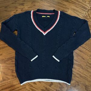 Prince & Fox Navy V-Neck Sweater with Red and White Trim